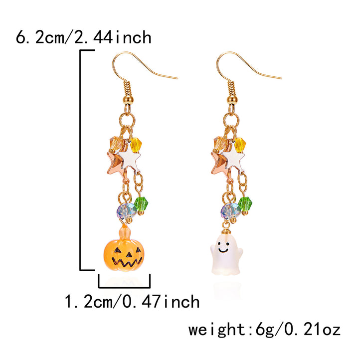 Halloween Asymmetric Pumpkin & Ghost Long Hook Earrings, Colorful Beaded Star Fun S925 Silver Earrings