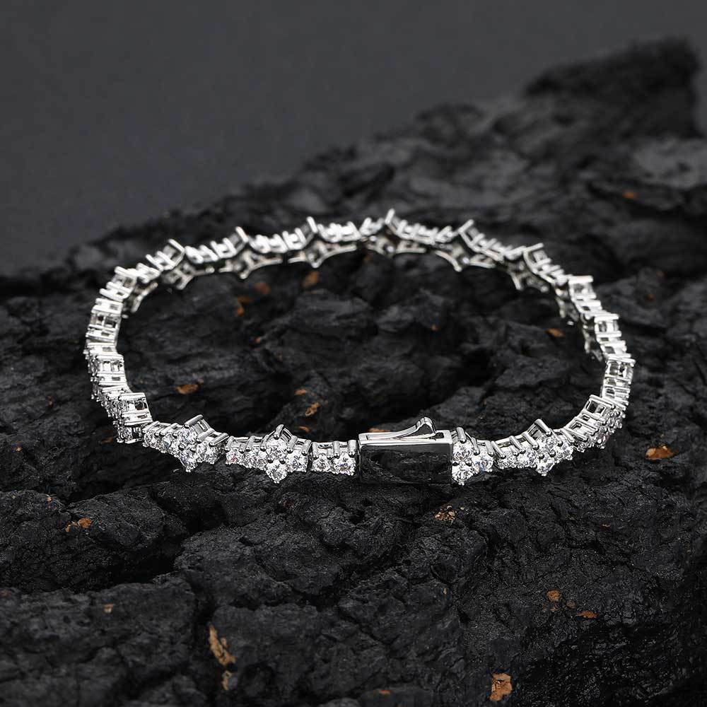 Four-Pointed Star Paved Diamond Tennis Bracelet, Gold & Silver Luxury Full Diamond Elegant Clasp Bracelet for Women