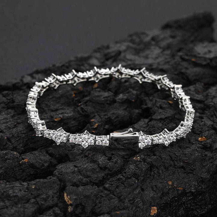 Four-Pointed Star Paved Diamond Tennis Bracelet, Gold & Silver Luxury Full Diamond Elegant Clasp Bracelet for Women