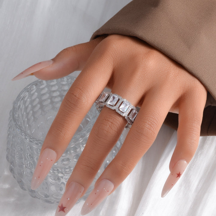 Baguette‑Cut Halo Eternity Band Ring, Two‑Tone Options