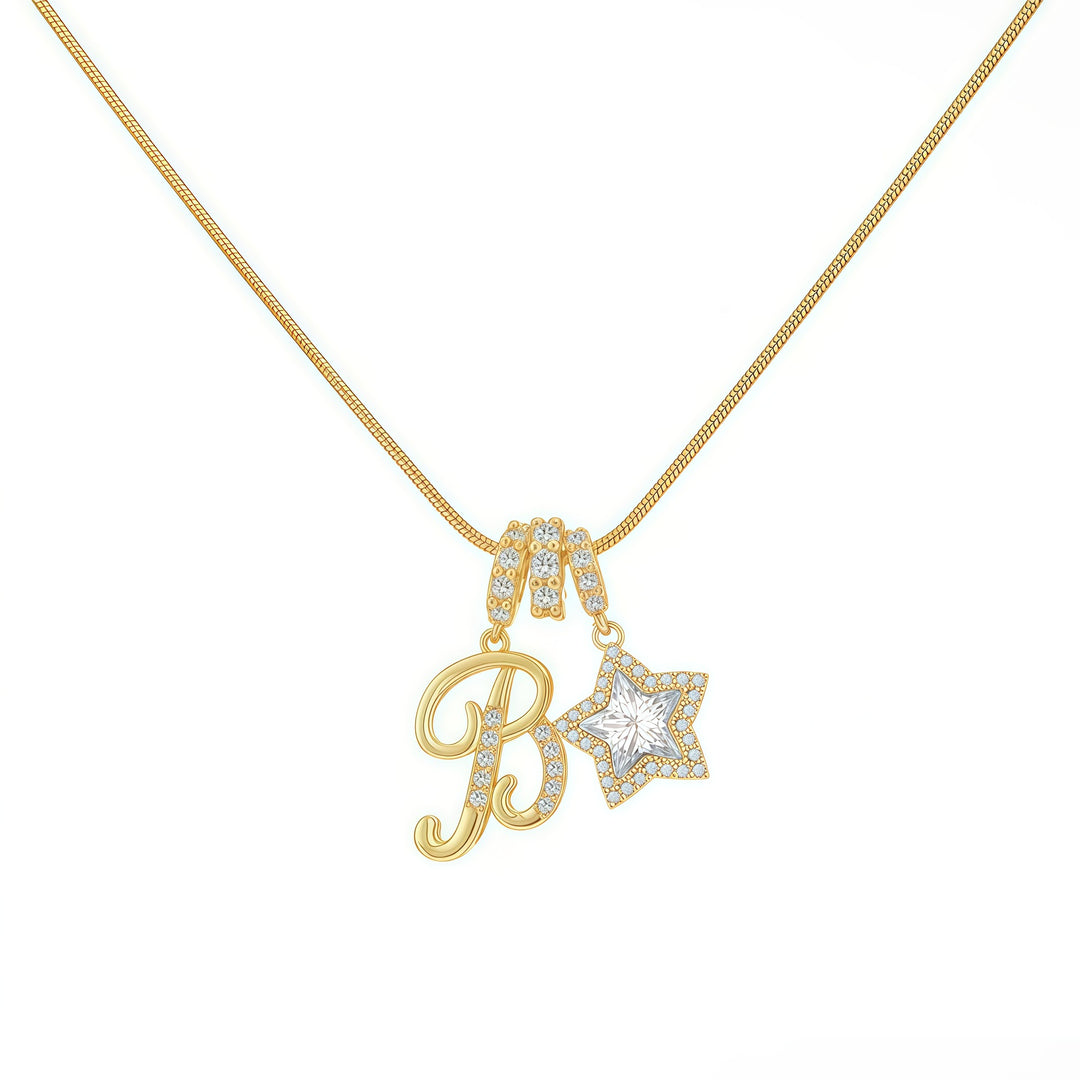 Script Initial Pave Star Dual Charm Snake Chain Necklace, Gold & Silver Custom Letter Choker