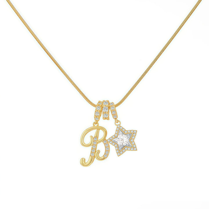 Script Initial Pave Star Dual Charm Snake Chain Necklace, Gold & Silver Custom Letter Choker