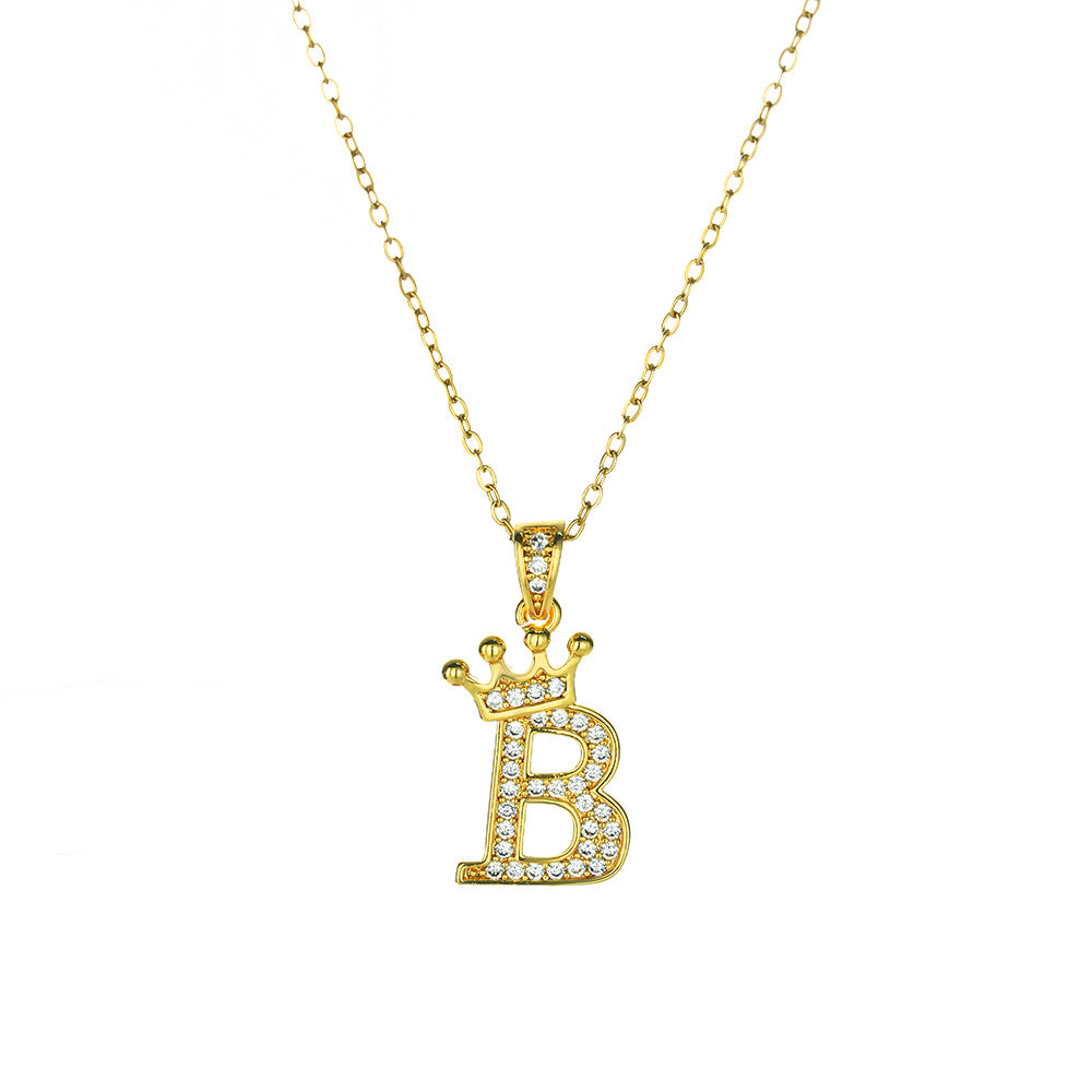 Crown Paved Diamond Initial Letter Necklace, 14K Gold Plated Personalized Dainty Chain, A-Z Available