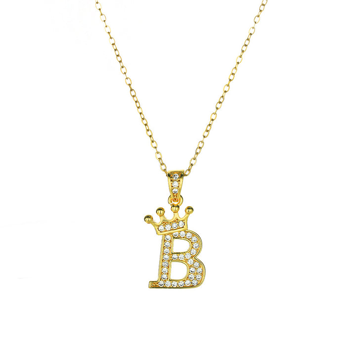 Crown Paved Diamond Initial Letter Necklace, 14K Gold Plated Personalized Dainty Chain, A-Z Available