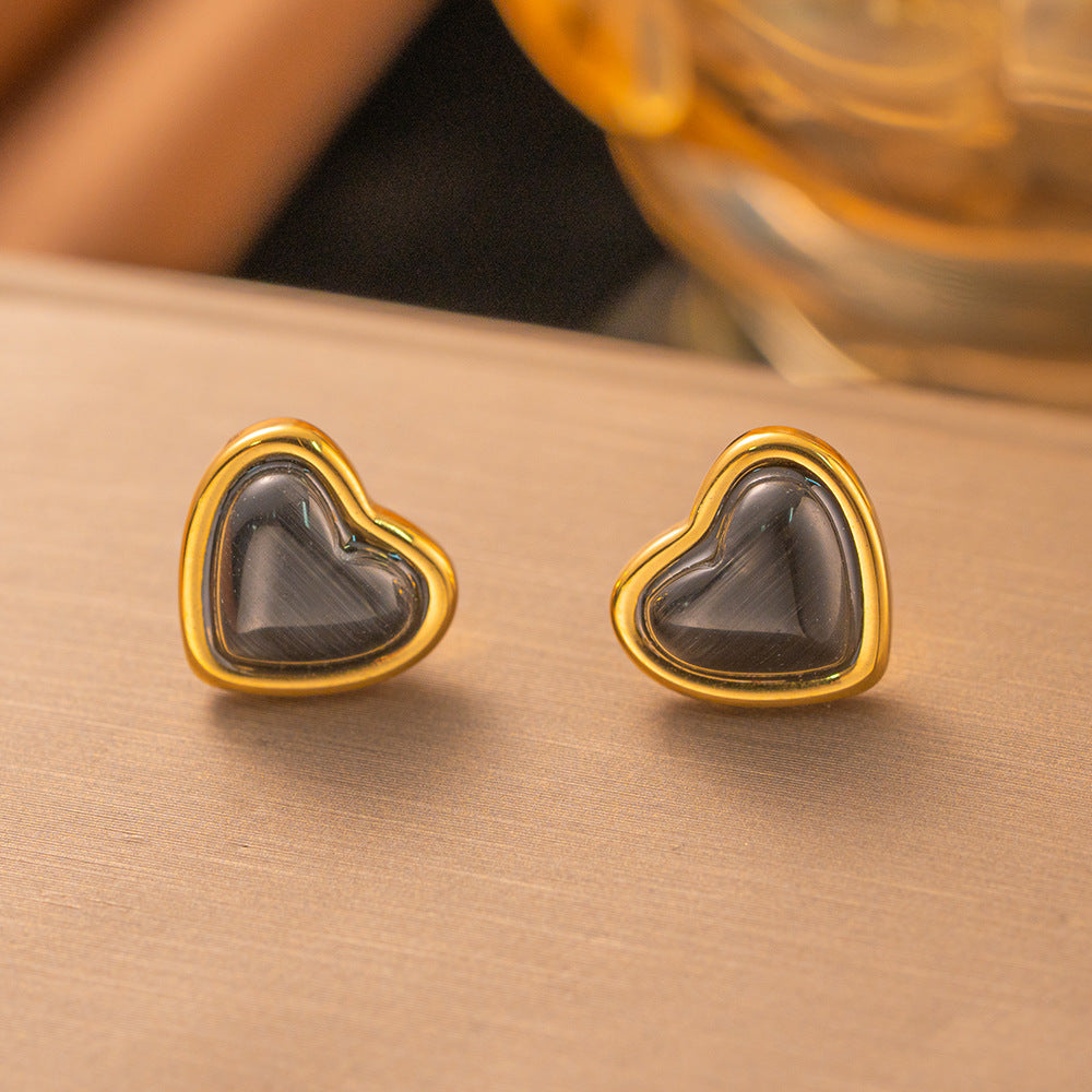 Sweet Heart Cat's Eye Jewelry Two-Piece Set, Gold-Plated Necklace & Stud Earrings Luxury Women Daily Accessory