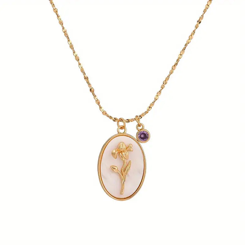 Mother-of-Pearl Carnation Birthstone Necklace (Gentle Gold Tone Pendant)