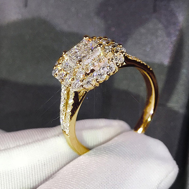 Emerald Cut Halo Paved Ring, Gold & Silver Luxury Double Shank Engagement Wedding Band for Women