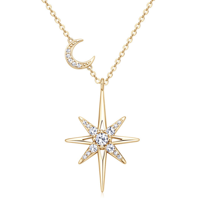 8-Point Star & Crescent Moon Dual Pendant Necklace, Gold Silver Two-Tone Luxury Women Choker