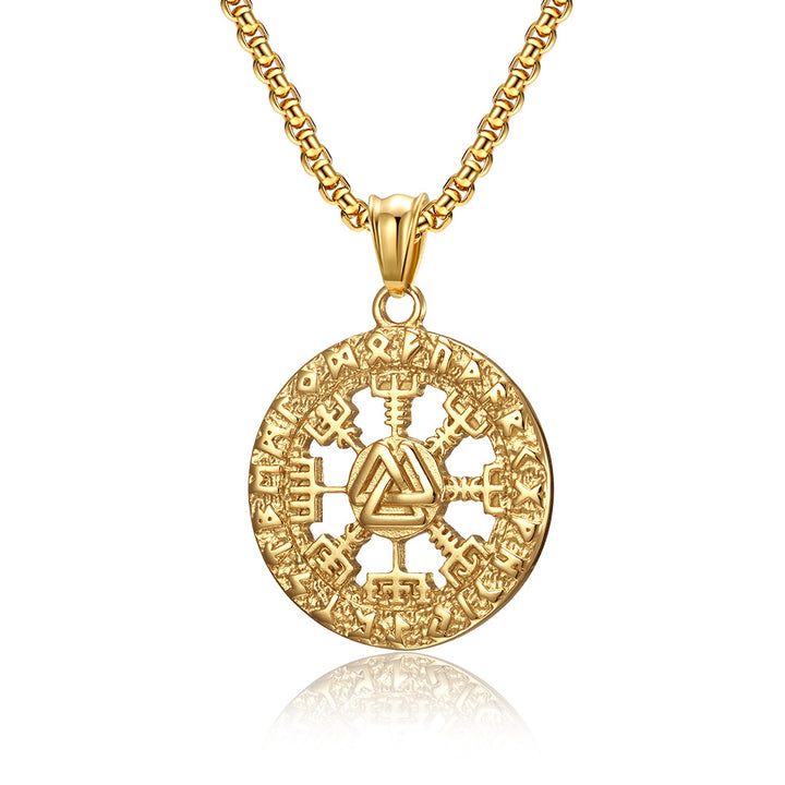 Viking Rune Compass Pendant Necklace (Unisex Vintage Titanium Steel Chain)