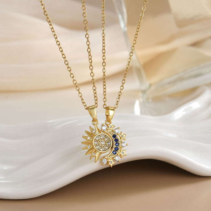 Detachable Sun & Moon Couple Necklaces, Multi-Color Paved Diamond Split Star Moon Pendant Dainty Clavicle Necklace