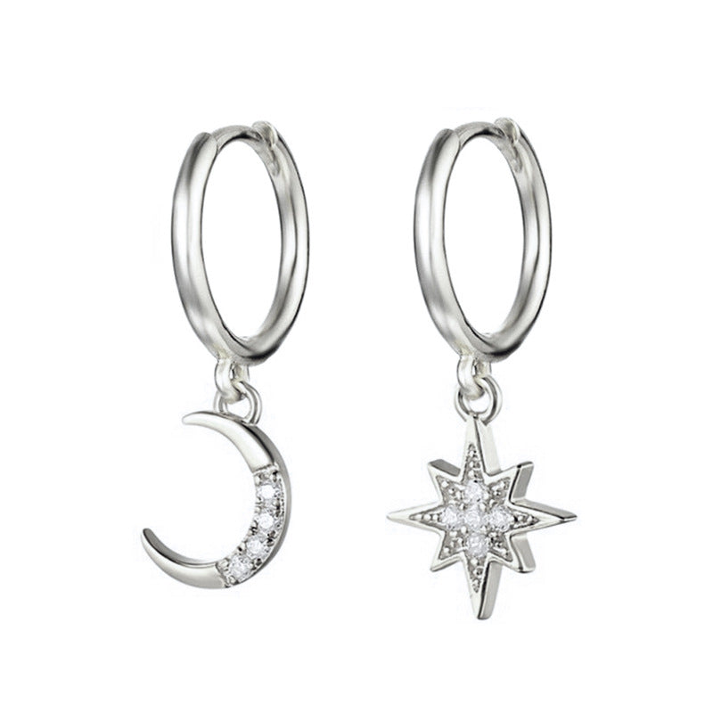 Asymmetric Moon & Star Diamond Huggie Earrings (2 Colors Delicate Dangle Hoops)