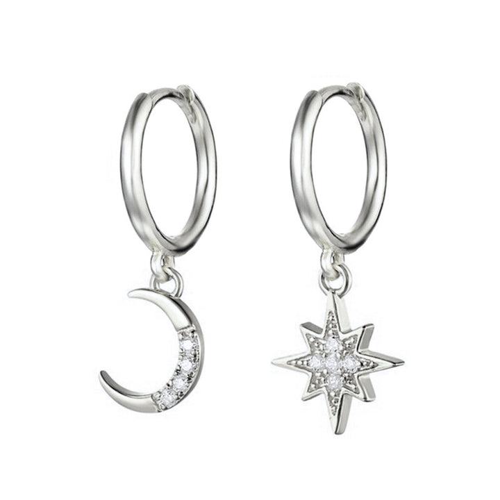 Asymmetric Moon & Star Diamond Huggie Earrings (2 Colors Delicate Dangle Hoops)