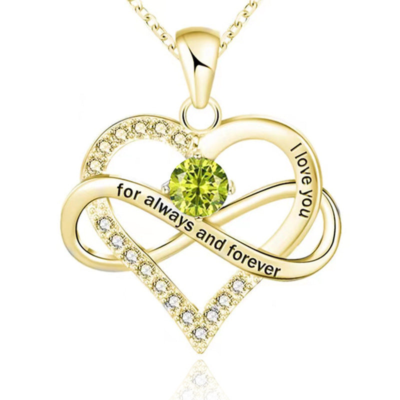 Infinity Intertwined Heart Engraved Birthstone Necklace, Eternal Love Heart Pendant Clavicle Chain with Birthstone