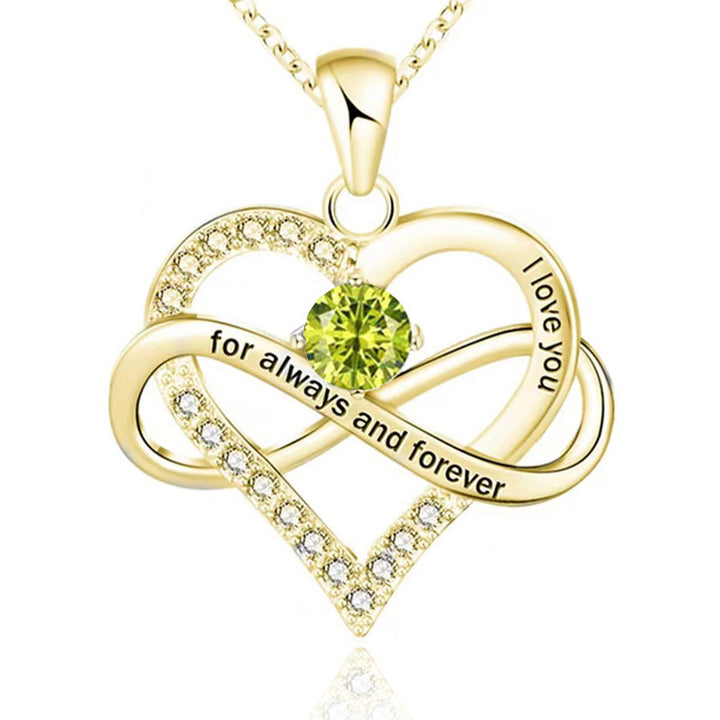 Infinity Intertwined Heart Engraved Birthstone Necklace, Eternal Love Heart Pendant Clavicle Chain with Birthstone