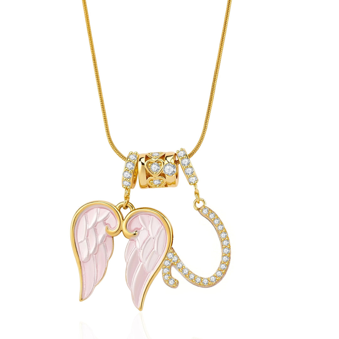 Pink Enamel Angel Wing Initial Necklace, Custom 26 Letters Gold Plated Diamond Pendant