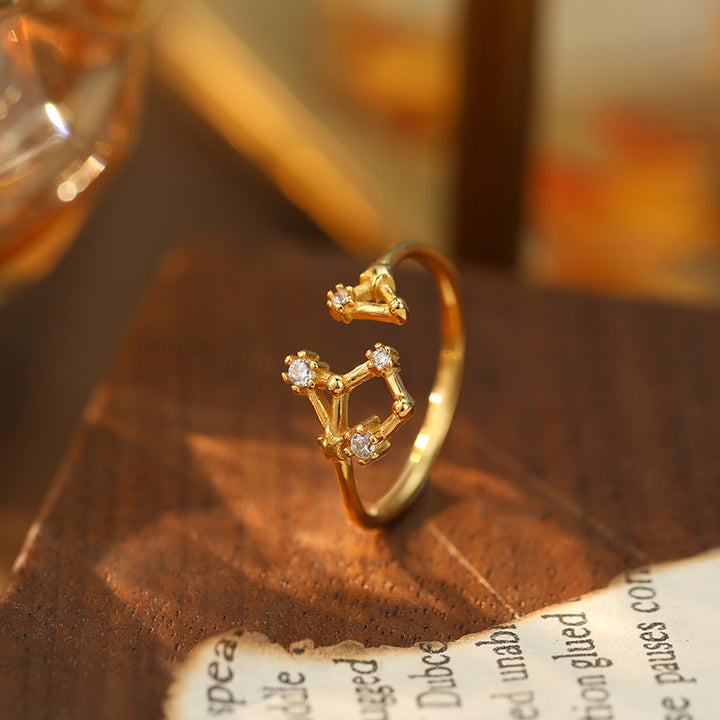 925 Silver Diamond-Inlaid 12 Constellations Open Adjustable Ring (Unisex Luxury Personalized Style)