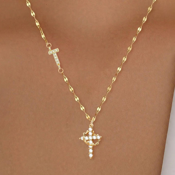 Diamond Initial & Cross Double Pendant Necklace (26 Letters Gold Tone Lip Chain)
