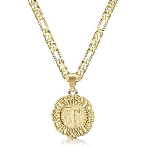 Vintage Lace Round 26 Letter Figaro Necklace, 14K Gold Plated Personal Initial Pendant Clavicle Chain