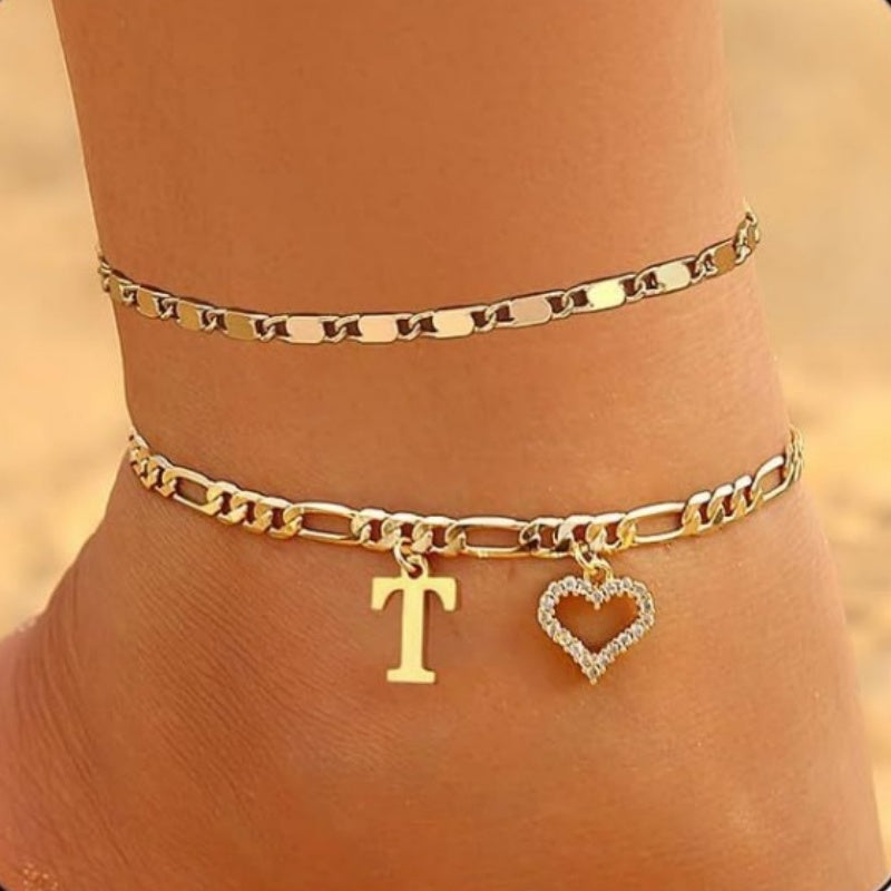 Double Layer Initial & Heart diamond Anklet (Gold Personalized Foot Jewelry)