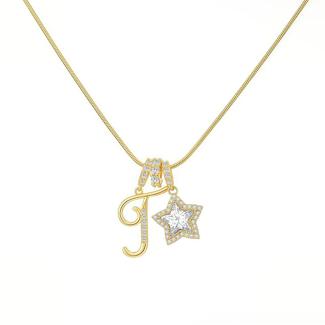 Script Initial Pave Star Dual Charm Snake Chain Necklace, Gold & Silver Custom Letter Choker