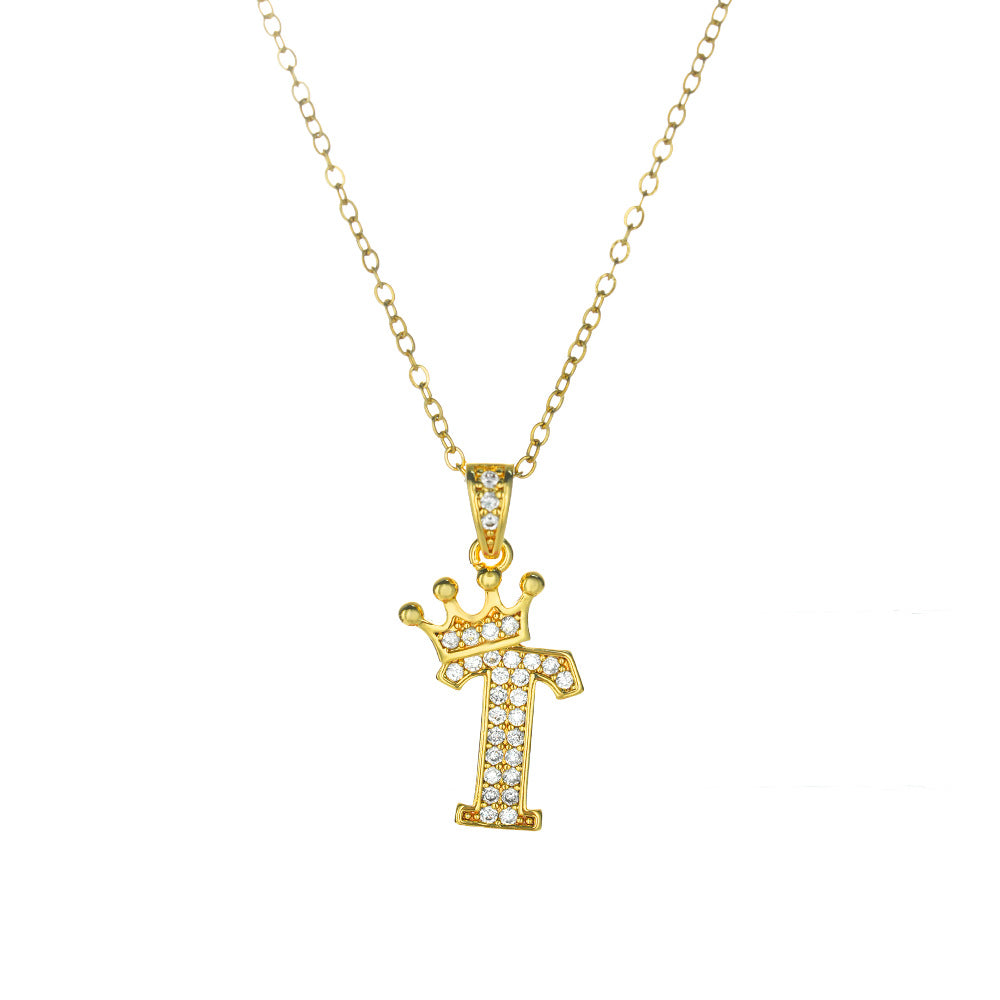 Crown Paved Diamond Initial Letter Necklace, 14K Gold Plated Personalized Dainty Chain, A-Z Available