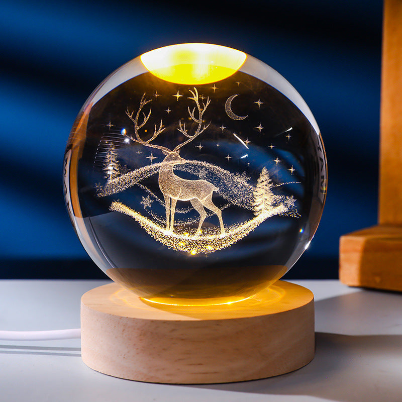 3D Laser Engraved Glowing Crystal Ball Ornament, Multi-Pattern Solid Wood Warm LED Base Night Light Gift