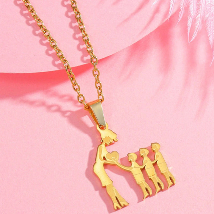 Mother & Kids Silhouette Pendant Necklace, 316L Titanium Steel Silver Plated Family Keepsake Necklace, Multiple Figures, Gold & Silver Family Jewelry