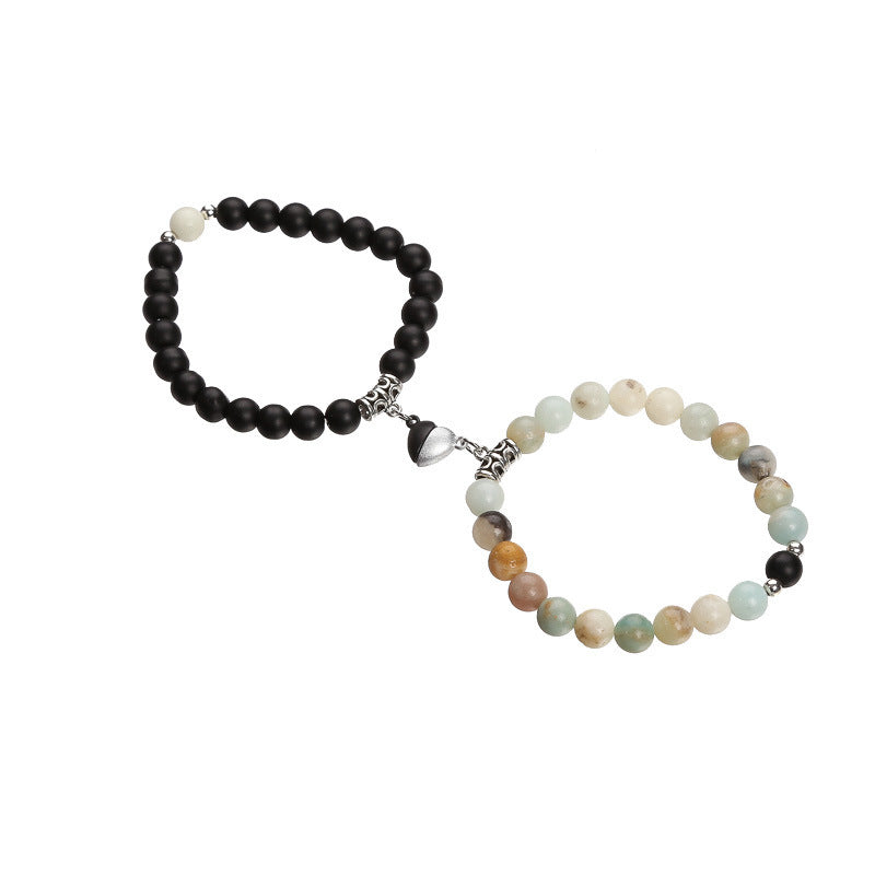 Magnetic Heart Couple Bracelets with Agate Beads – Purple Love Stone Gift Set