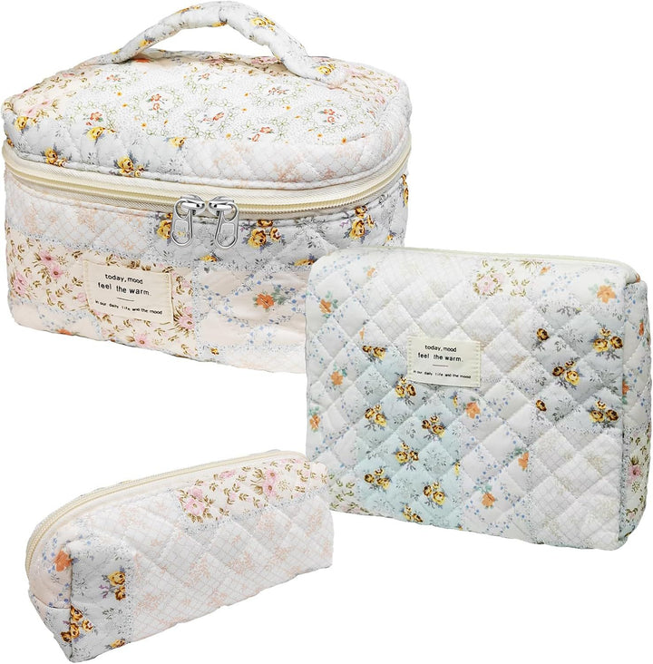 Floral Quilted 3-Piece Makeup Bag Set, Large Capacity Handheld Cosmetic Bag Portable Storage Pouch & Pencil Case Kit