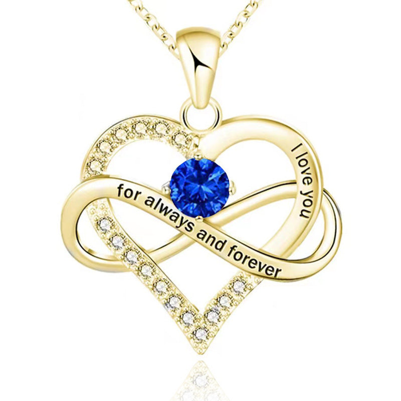 Infinity Intertwined Heart Engraved Birthstone Necklace, Eternal Love Heart Pendant Clavicle Chain with Birthstone