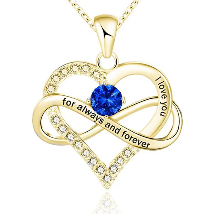 Infinity Intertwined Heart Engraved Birthstone Necklace, Eternal Love Heart Pendant Clavicle Chain with Birthstone