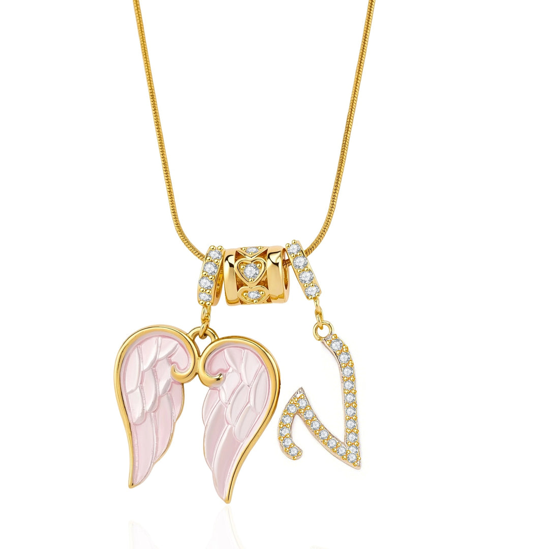 Pink Enamel Angel Wing Initial Necklace, Custom 26 Letters Gold Plated Diamond Pendant