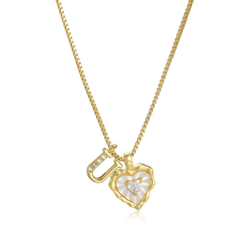White Shell Heart Initial Necklace, Wavy Edge Mother of Pearl Pendant with Heart Diamond, Custom 26 Letters Gold Box Chain