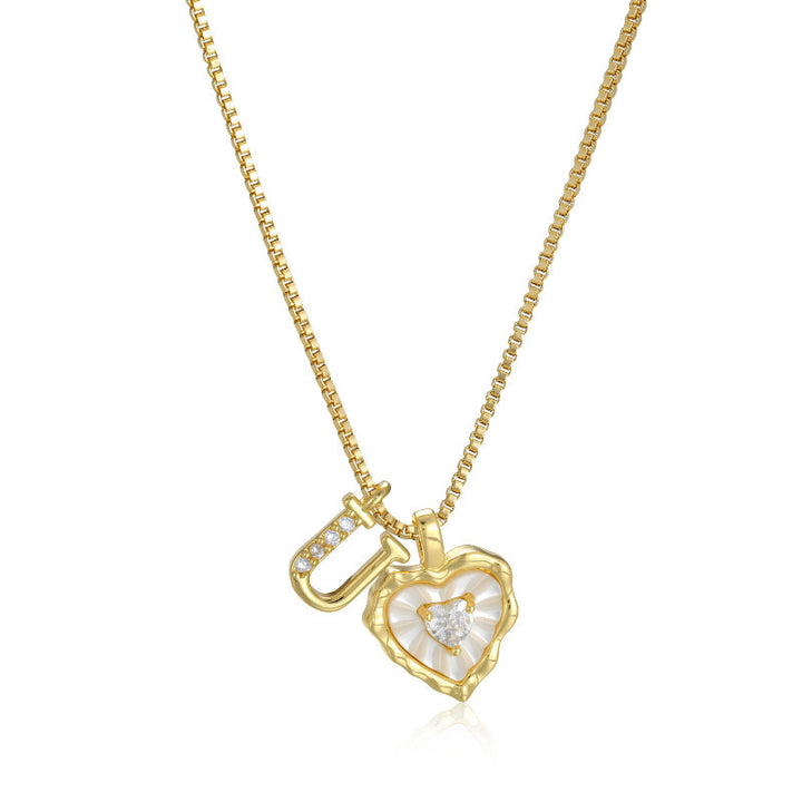 White Shell Heart Initial Necklace, Wavy Edge Mother of Pearl Pendant with Heart Diamond, Custom 26 Letters Gold Box Chain