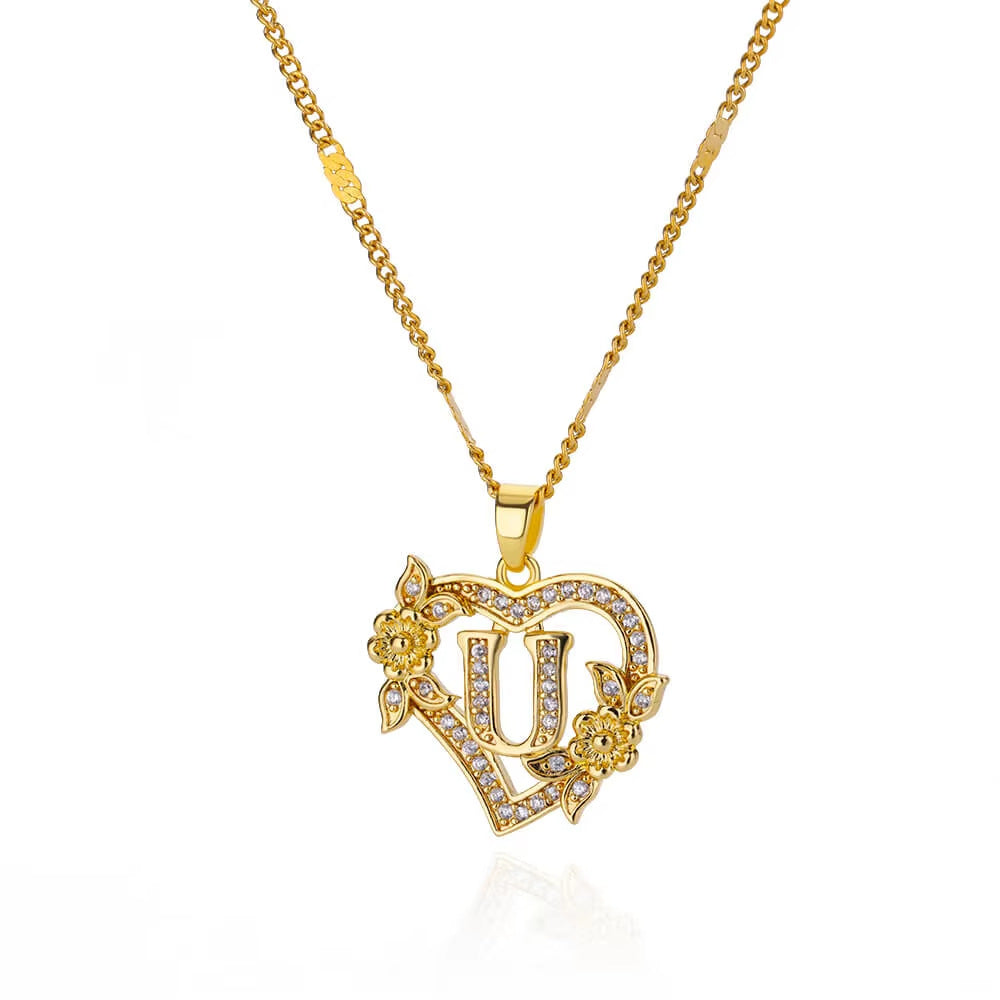 Vintage Flower Heart Pave Crystal Letter Necklace, 316L Stainless Steel 14K Gold Plated Luxury A-Z Initial Pendant Clavicle Chain Niche Jewelry