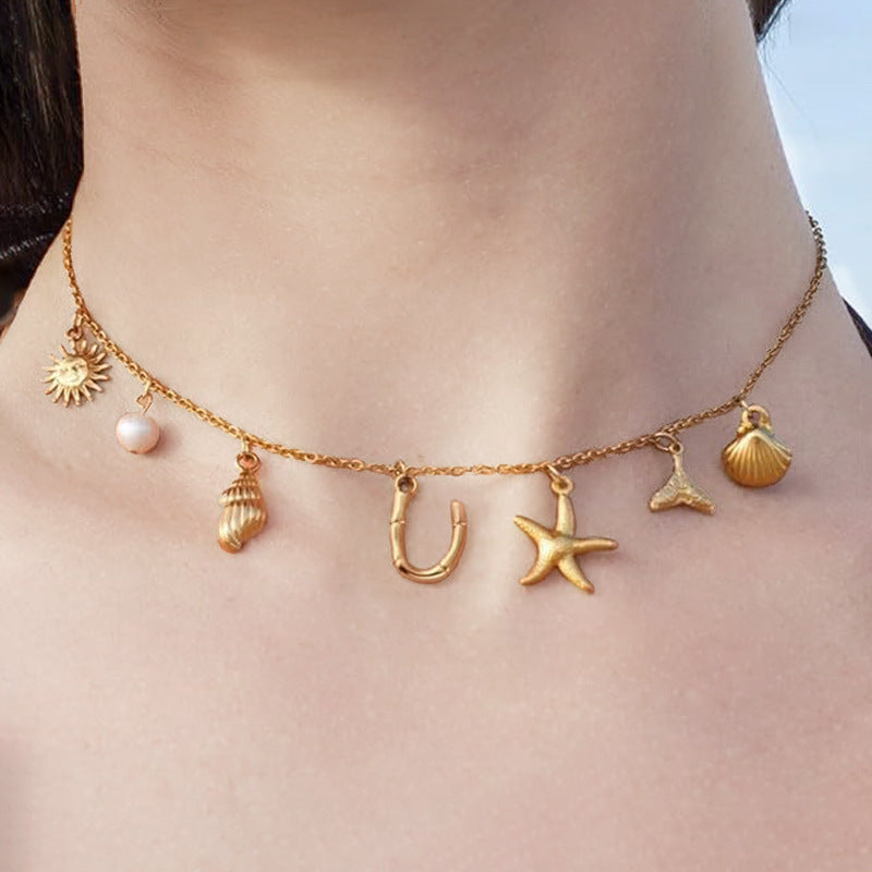 Ocean Vacation Multi-Charm Initial Choker, Starfish Shell Mermaid Tail Sun Pearl Custom Letter Thin Necklace for Women