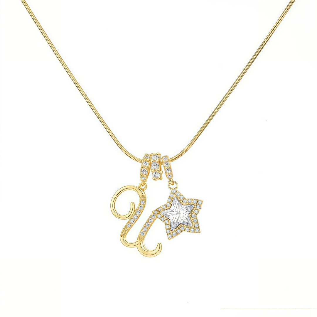 Script Initial Pave Star Dual Charm Snake Chain Necklace, Gold & Silver Custom Letter Choker