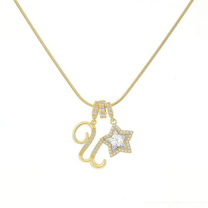 Script Initial Pave Star Dual Charm Snake Chain Necklace, Gold & Silver Custom Letter Choker
