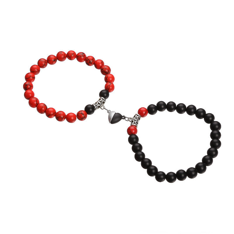 Magnetic Heart Couple Bracelets with Agate Beads – Purple Love Stone Gift Set