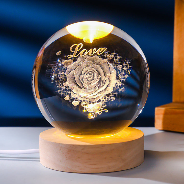 3D Laser Engraved Glowing Crystal Ball Ornament, Multi-Pattern Solid Wood Warm LED Base Night Light Gift
