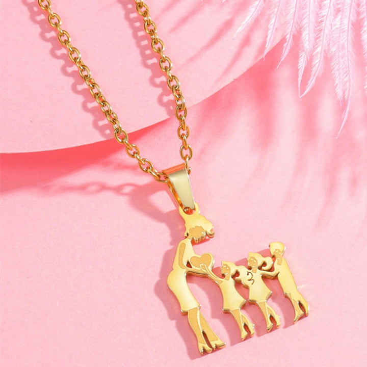 Mother & Kids Silhouette Pendant Necklace, 316L Titanium Steel Silver Plated Family Keepsake Necklace, Multiple Figures, Gold & Silver Family Jewelry