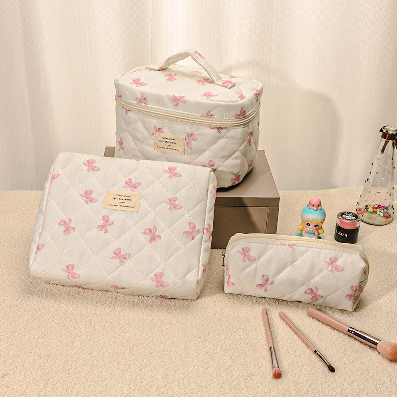 Floral Quilted 3-Piece Makeup Bag Set, Large Capacity Handheld Cosmetic Bag Portable Storage Pouch & Pencil Case Kit