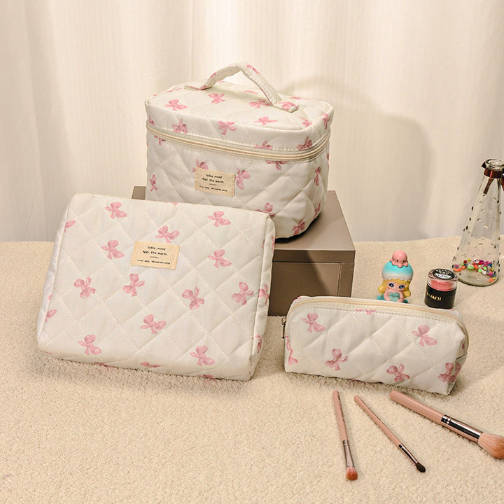 Floral Quilted 3-Piece Makeup Bag Set, Large Capacity Handheld Cosmetic Bag Portable Storage Pouch & Pencil Case Kit
