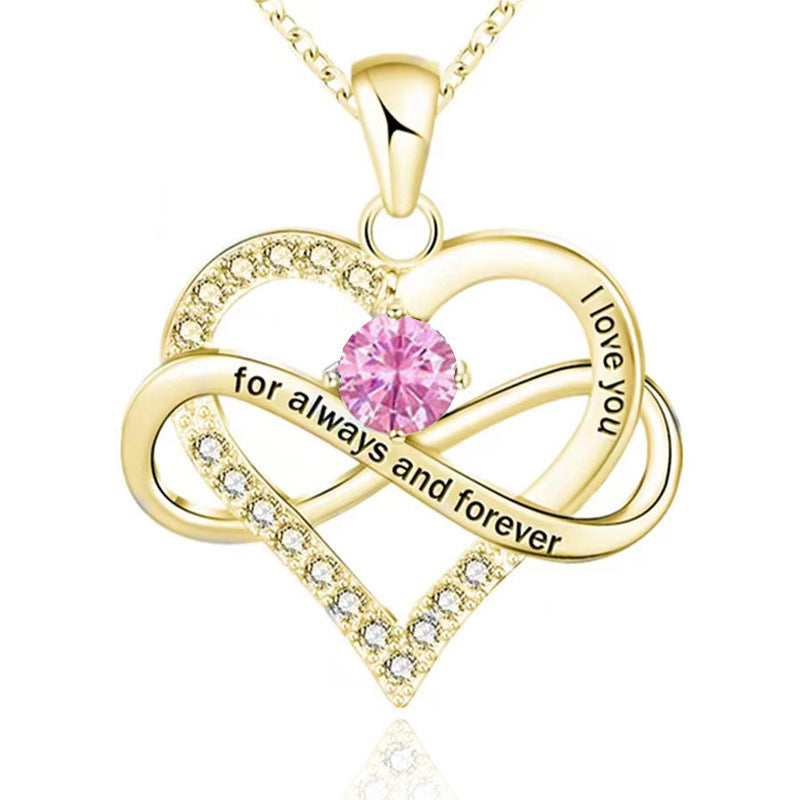 Infinity Intertwined Heart Engraved Birthstone Necklace, Eternal Love Heart Pendant Clavicle Chain with Birthstone