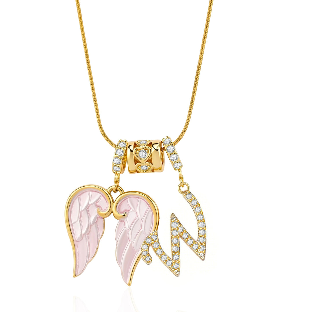 Pink Enamel Angel Wing Initial Necklace, Custom 26 Letters Gold Plated Diamond Pendant