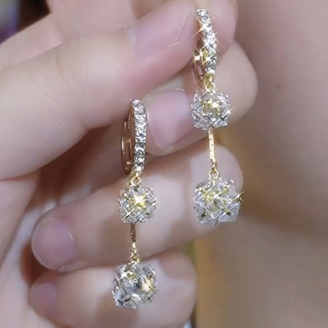 Paved C Hoop Double Ball Dangle S925 Silver Huggie Earrings, Luxury Long Layered Round Diamond Earrings, Clear & Dark Purple Two Tones