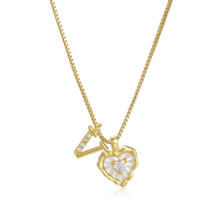 White Shell Heart Initial Necklace, Wavy Edge Mother of Pearl Pendant with Heart Diamond, Custom 26 Letters Gold Box Chain