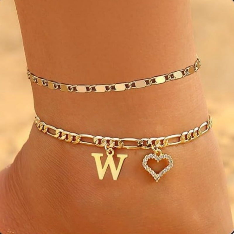 Double Layer Initial & Heart diamond Anklet (Gold Personalized Foot Jewelry)