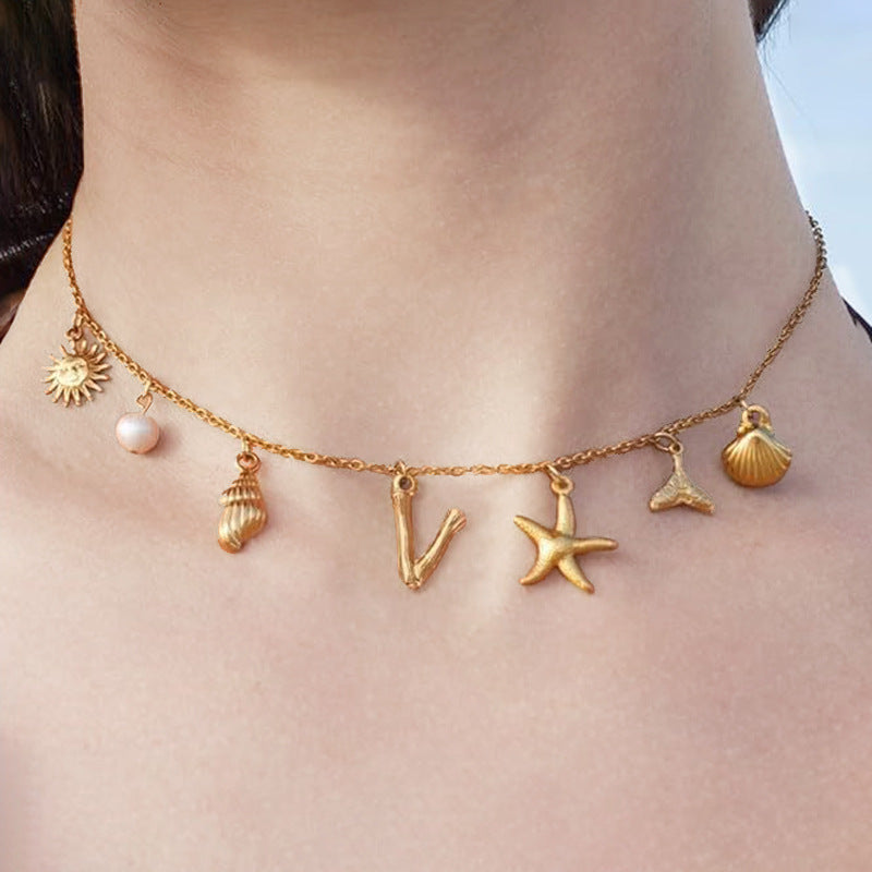Ocean Vacation Multi-Charm Initial Choker, Starfish Shell Mermaid Tail Sun Pearl Custom Letter Thin Necklace for Women