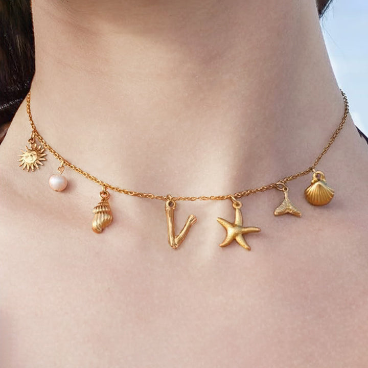 Ocean Vacation Multi-Charm Initial Choker, Starfish Shell Mermaid Tail Sun Pearl Custom Letter Thin Necklace for Women